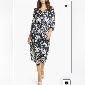 Joie Emmalynn Floral Satin‎ 3/4 Sleeve Dress, Navy